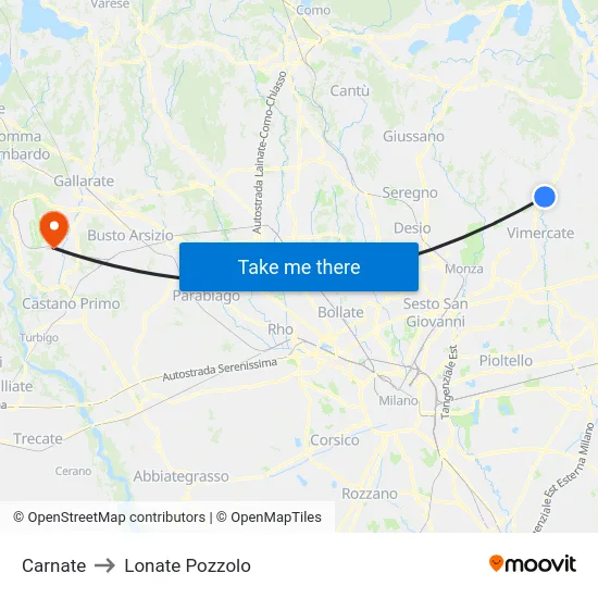 Carnate to Lonate Pozzolo map