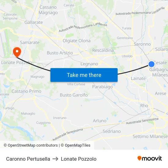 Caronno Pertusella to Lonate Pozzolo map