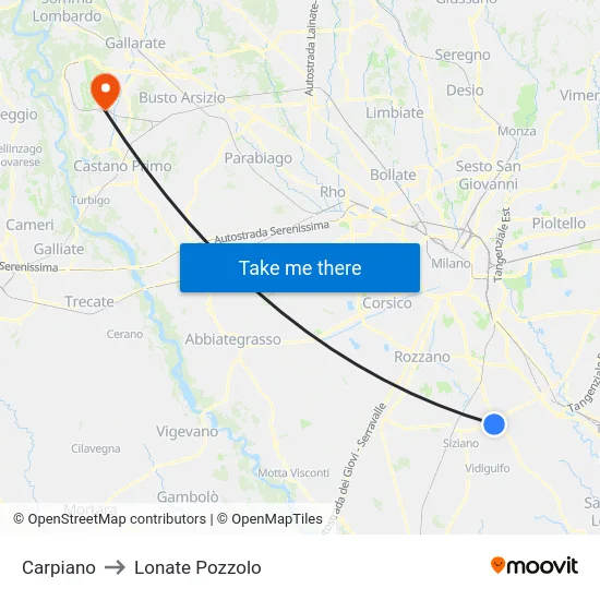 Carpiano to Lonate Pozzolo map