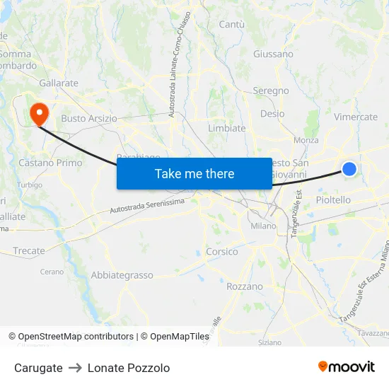 Carugate to Lonate Pozzolo map