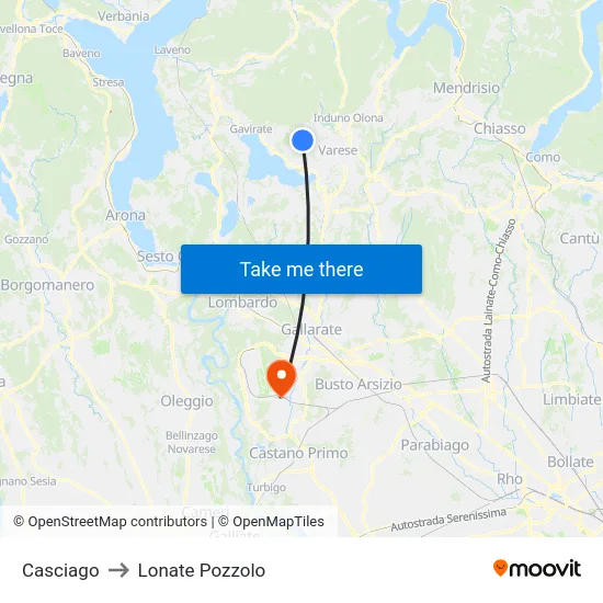 Casciago to Lonate Pozzolo map