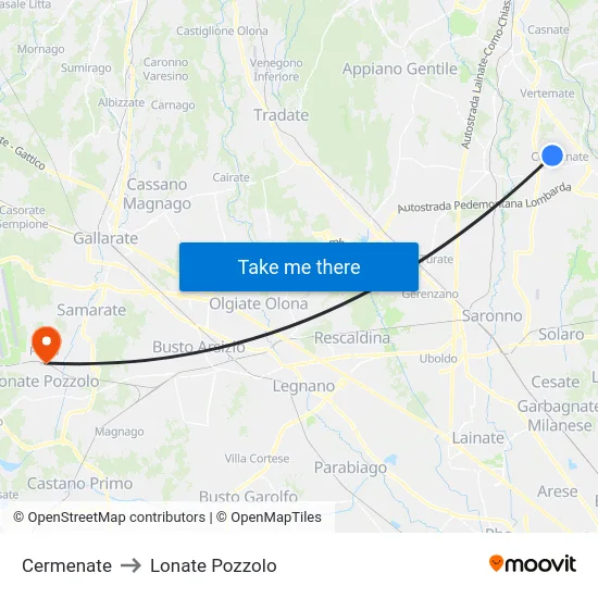 Cermenate to Lonate Pozzolo map