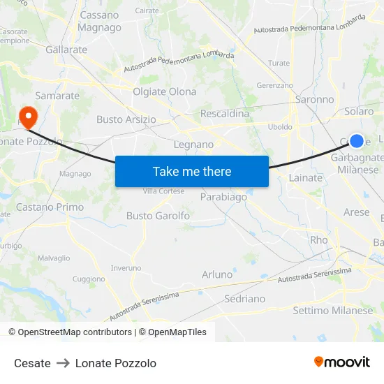 Cesate to Lonate Pozzolo map