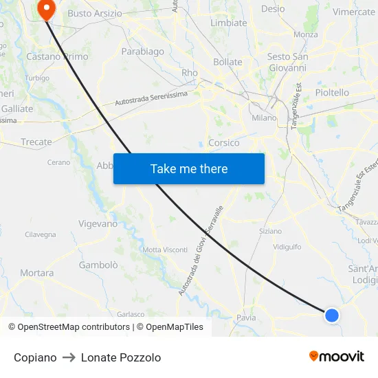 Copiano to Lonate Pozzolo map