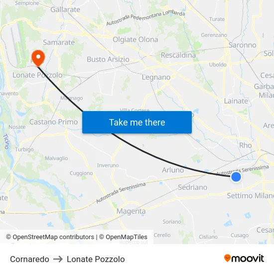 Cornaredo to Lonate Pozzolo map
