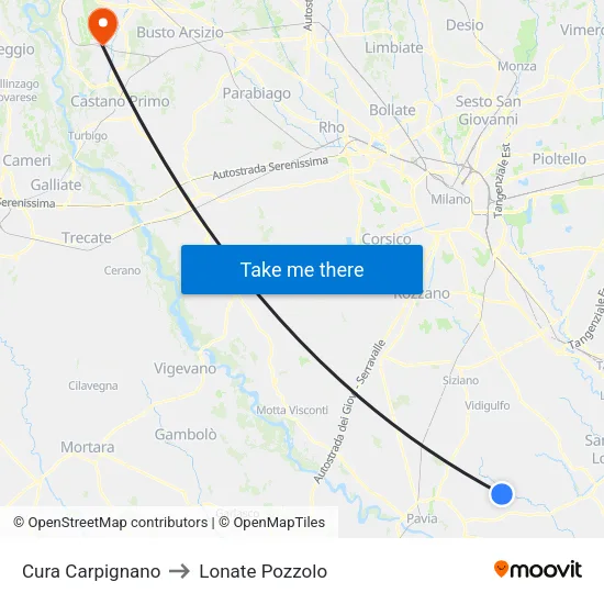Cura Carpignano to Lonate Pozzolo map