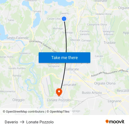 Daverio to Lonate Pozzolo map