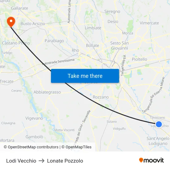 Lodi Vecchio to Lonate Pozzolo map