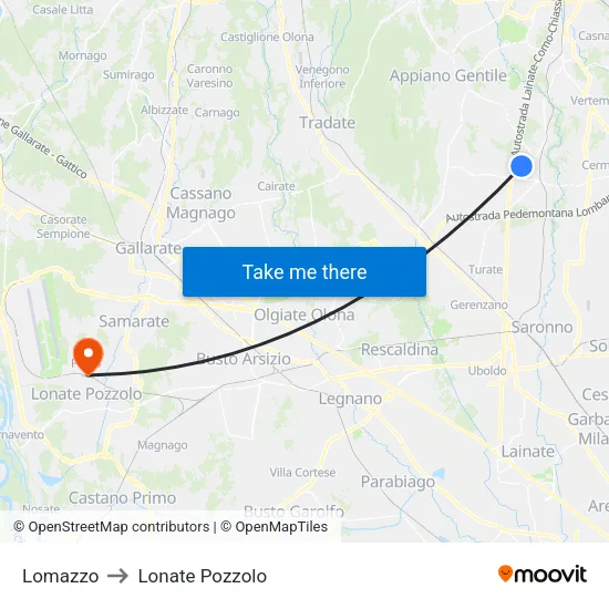 Lomazzo to Lonate Pozzolo map