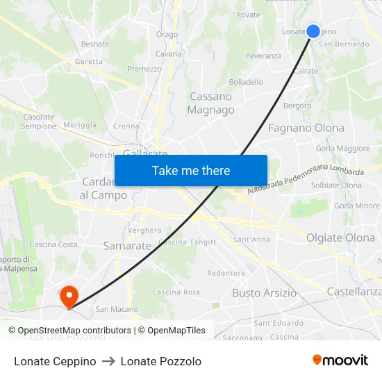 Lonate Ceppino to Lonate Pozzolo map