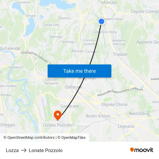 Lozza to Lonate Pozzolo map