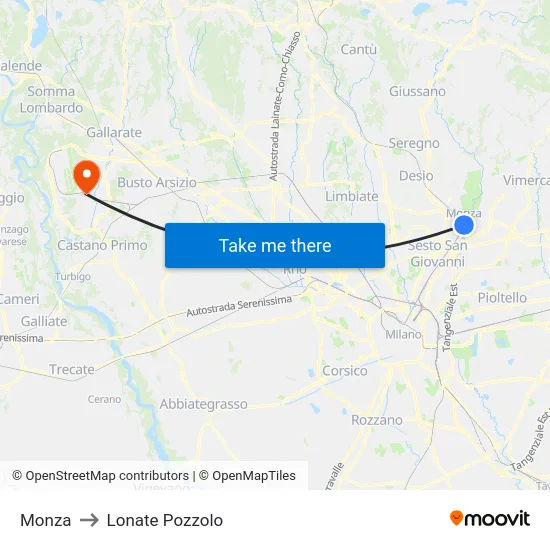 Monza to Lonate Pozzolo map
