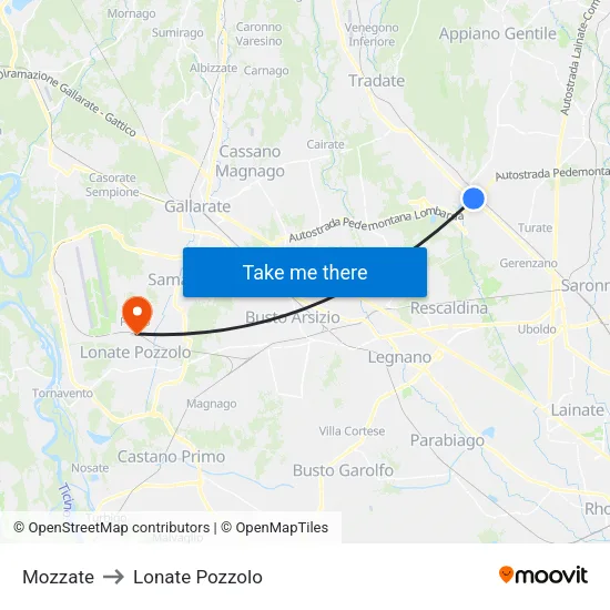 Mozzate to Lonate Pozzolo map
