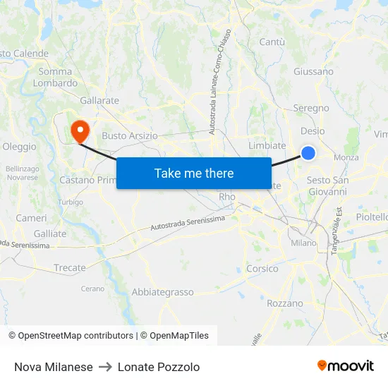 Nova Milanese to Lonate Pozzolo map