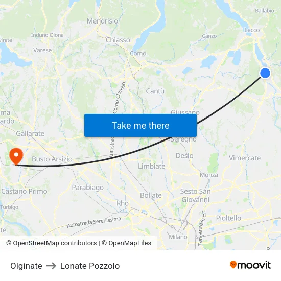 Olginate to Lonate Pozzolo map