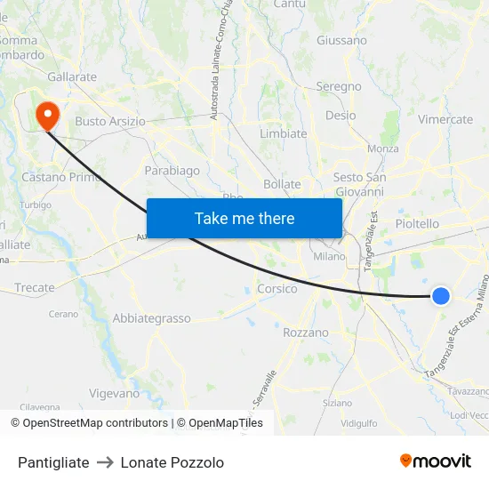 Pantigliate to Lonate Pozzolo map