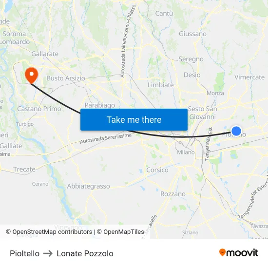 Pioltello to Lonate Pozzolo map