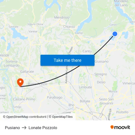 Pusiano to Lonate Pozzolo map