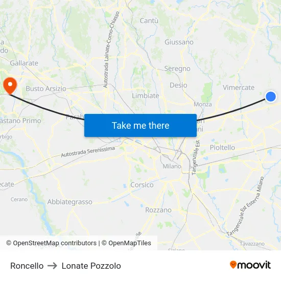 Roncello to Lonate Pozzolo map