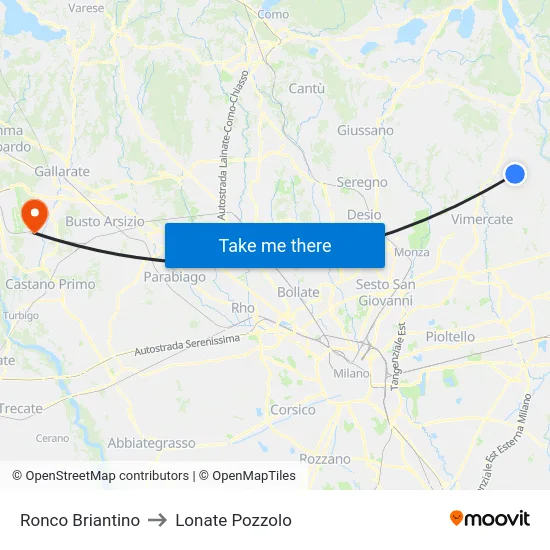 Ronco Briantino to Lonate Pozzolo map