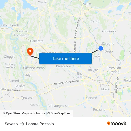 Seveso to Lonate Pozzolo map