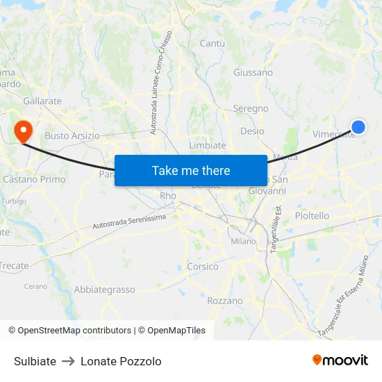 Sulbiate to Lonate Pozzolo map