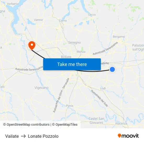 Vailate to Lonate Pozzolo map