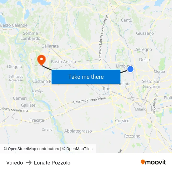 Varedo to Lonate Pozzolo map