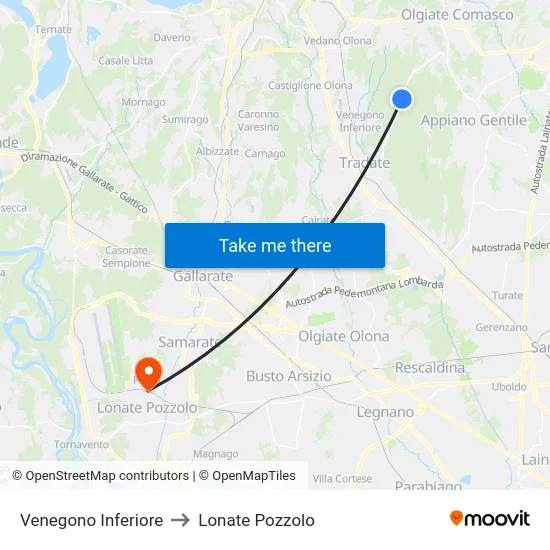 Venegono Inferiore to Lonate Pozzolo map