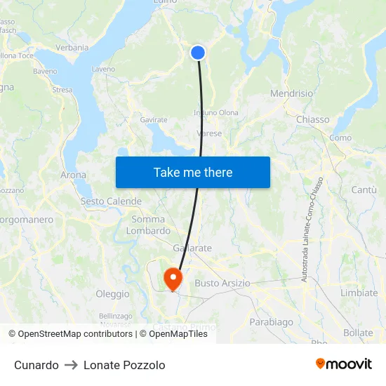 Cunardo to Lonate Pozzolo map