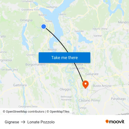 Gignese to Lonate Pozzolo map