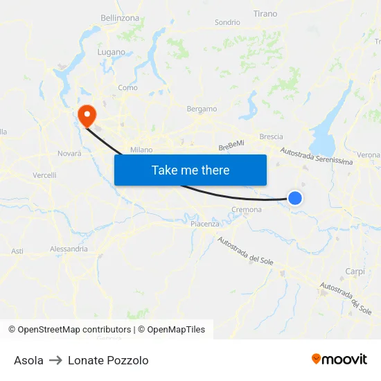 Asola to Lonate Pozzolo map