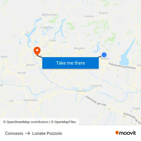 Concesio to Lonate Pozzolo map