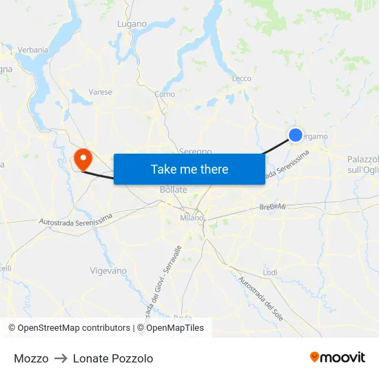 Mozzo to Lonate Pozzolo map