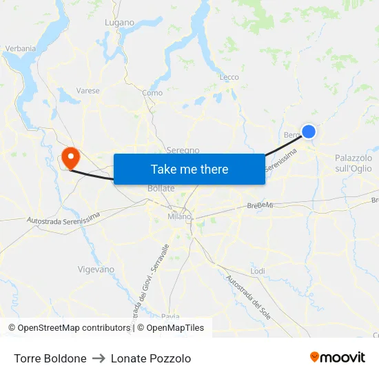 Torre Boldone to Lonate Pozzolo map