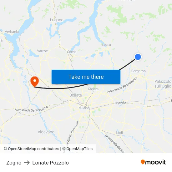 Zogno to Lonate Pozzolo map