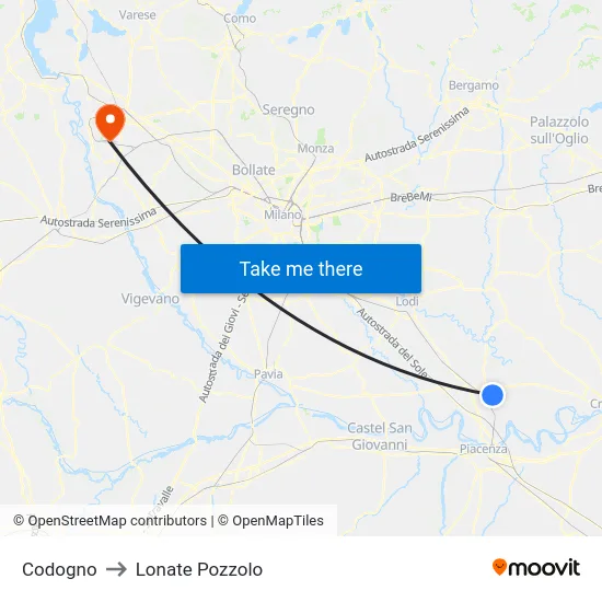Codogno to Lonate Pozzolo map