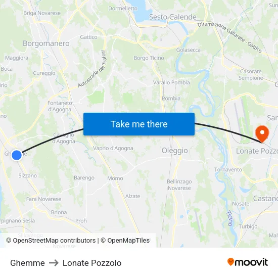 Ghemme to Lonate Pozzolo map