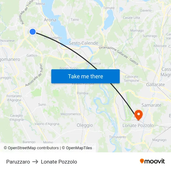 Paruzzaro to Lonate Pozzolo map