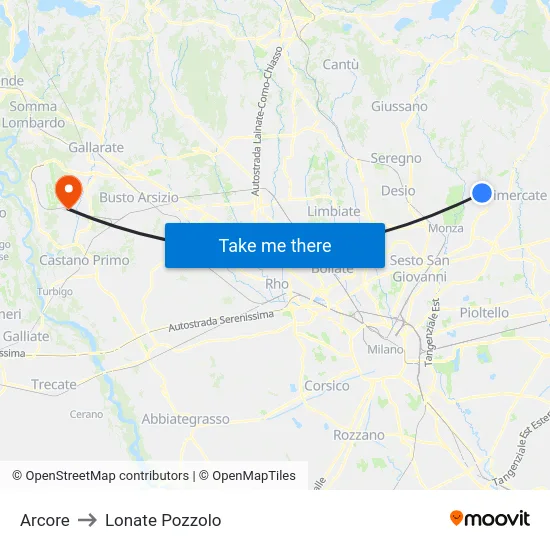Arcore to Lonate Pozzolo map