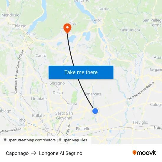Caponago to Longone Al Segrino map