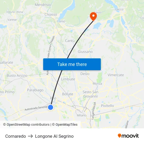 Cornaredo to Longone Al Segrino map