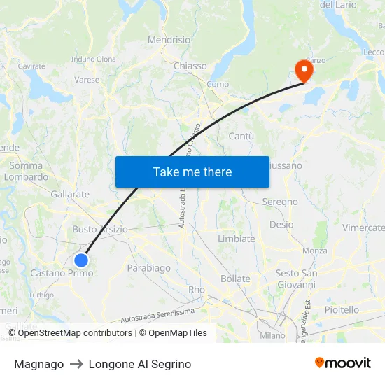 Magnago to Longone Al Segrino map