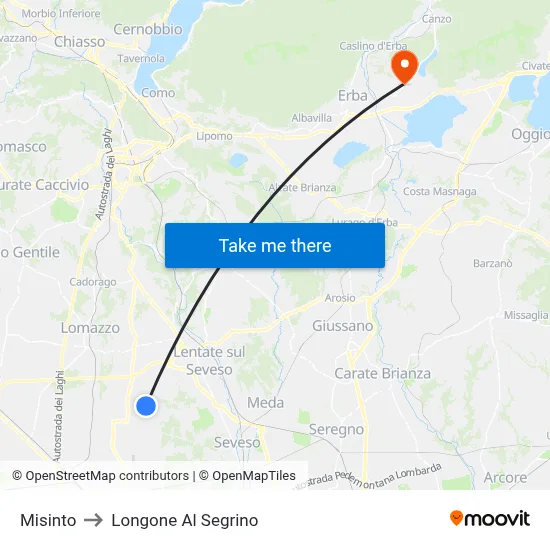 Misinto to Longone Al Segrino map
