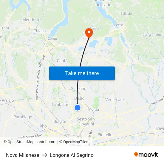 Nova Milanese to Longone Al Segrino map
