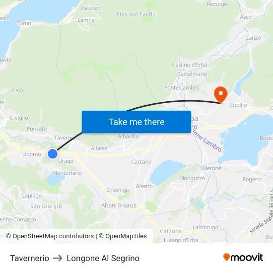 Tavernerio to Longone Al Segrino map