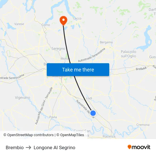 Brembio to Longone Al Segrino map