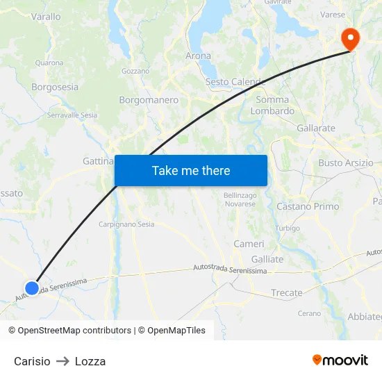 Carisio to Lozza map