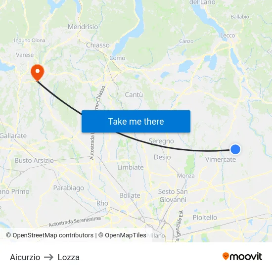 Aicurzio to Lozza map