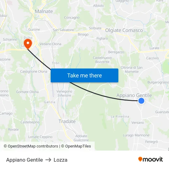 Appiano Gentile to Lozza map